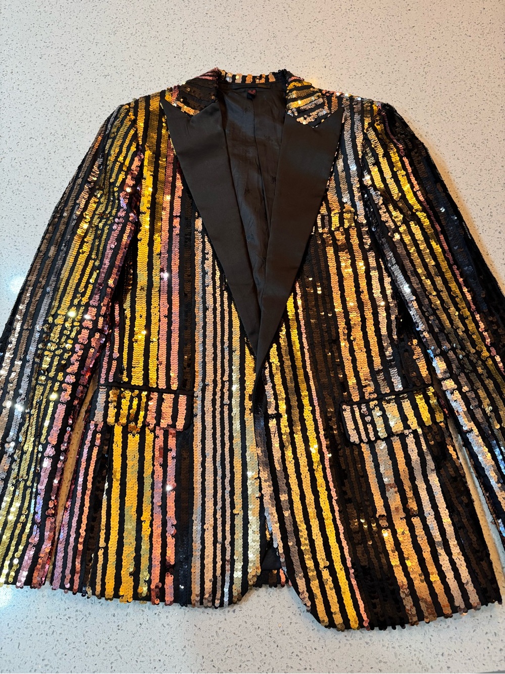 Men's Black Sequin Stripe Blazer with Gold & Pink Accents